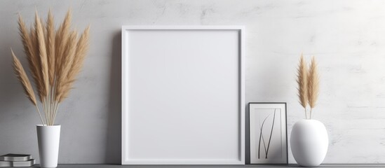 Poster - A wooden picture frame hangs on the wall next to a vase of pampas grass in a room with wood flooring and a glass door. This still life photography captures a serene and elegant gesture