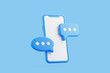 © Andrii - Blue smartphone with a blank screen surrounded by blue chat bubbles, representing online messaging and communication on a blue background. 3D render illustration