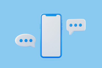 Blue smartphone with a blank screen surrounded by white chat bubbles, representing online messaging and communication on a blue background. 3D render illustration