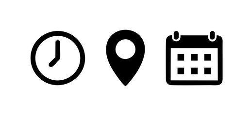 Address, date, time icon set .Event elements isolated on transparent background. calendar, location, clock. vector logos