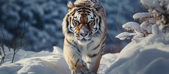 Canvas Print - A Bengal tiger, a carnivorous terrestrial animal from the Felidae family, with distinctive whiskers and hair, walks through the snowy woods