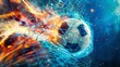 Soccer ball with fire in goal net bending blue with light bursts