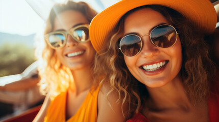 Wall Mural - a couple of smiling female friends in their thirties take a selfie outdoors. lesbian couple. LGBTQ+