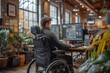 A diligent professional in a wheelchair tackles tasks at a spacious office desk, reflecting accessibility and inclusivity