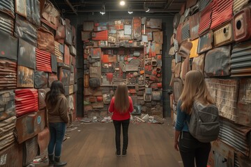 Visitors viewing a colorful mixed media art installation with vibrant textured wall pieces