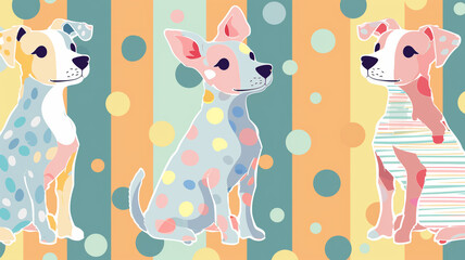 Wall Mural - Abstract puppies in color blocks and polka dots, pastel coloring in a front view in a horizontal layout, in an animal graphic-themed, photorealistic illustration in JPG. Generative ai