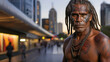 Portrait of an Australian Aboriginal man at city street in present time. Adaptation of ancient man in modern society