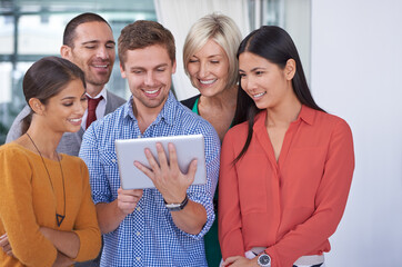 Aufkleber - Business people, group and meeting with tablet, typing and internet with connection and social media. Staff, manager and employee with editor for a magazine and online news with journalist and tech