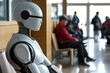 A Robot seating with humans in a waiting room. Future and AI concept. 
