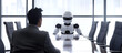 A Robot in an office meeting room with a man. Future AI concept. 