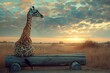 lonely giraffe sit on wood dork at dusk