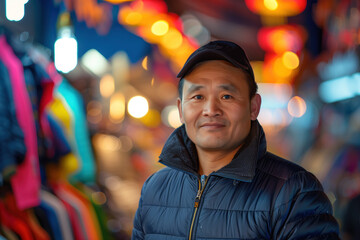 A simple street market seller in front of his stand stall. Blurred background with bokeh. Created with Generative AI technology.