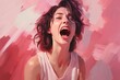 Young woman is screaming over pink background. Portrait of a beautiful angry woman with open mouth