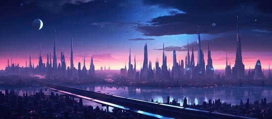 Canvas Print - A futuristic city at dusk with electric lights glowing, reflecting on the water below. The crescent moon hangs in the cloudy sky, creating a surreal atmosphere