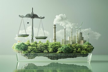 Poster - A conceptual art piece depicting a balance scale balancing industrial development with renewable energy, advocating for equitable climate policies, on a clear plane.