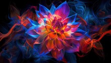 A Colorful Flower Blooming In The Dark, With Red And Blue Flames Swirling Around It Generative AI
