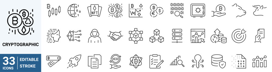 cryptographic icons. cryptocurrency economy web icons collection. blockchain package. bitcoin, nft, 