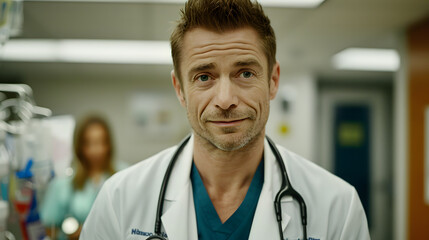 Confident Male Doctor Smiling in Hospital Setting. Portrait of a confident and smiling male doctor in a hospital environment, showing approachability and professionalism.

