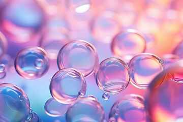 Aufkleber - Pink holographic bubbles floating on the soft colorful abstract background in beautiful vivid tones.