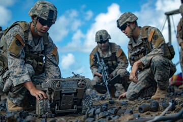 Military personnel operating advanced robot for navigation on a bright day