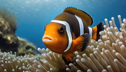 Clown fish, Anemonefish (Amphiprion ocellaris) swim among the tentacles of anemones, symbiosis of fish and anemones