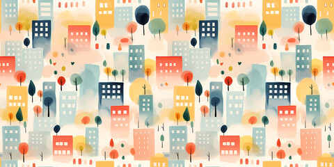 Wall Mural - Seamless pattern with colorful houses and trees. Simple seamless horizontal background with summer city landscape in hand painted geometric shapes. For wallpaper, wrapping paper, print