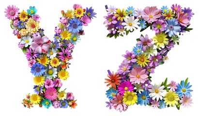 Wall Mural - Alphabet letter Y, Z Font made with flowers on transparent background cut-out - Generative AI	