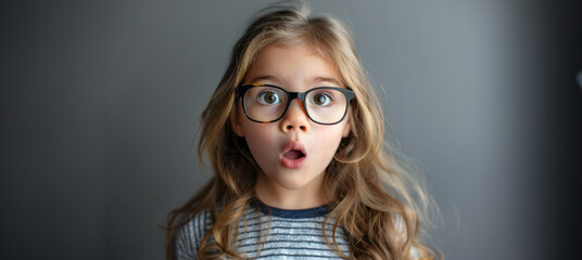 A young girl with long hair and glasses is looking surprised. Concept of curiosity and wonder, as the girl's wide-open eyes. Cute little girl surprised face looking at camera wearing glasses