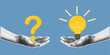 © Polinmr - Halftone collage banner. Two hands cut out of paper, one holding a question mark, the other a light bulb. Question and answer, problem solving or business solutions concept.