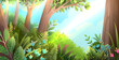 Forest background with sunlight over the grass and ferns. Woods or park with trees and plants, fantasy summertime scenery. Banner illustration in watercolor style. Vector forest nature wallpaper.