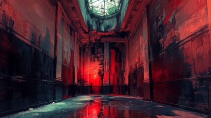 Poster - Bloody corridor in an abandoned building. Horror scene