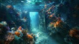 Fototapeta Do akwarium - Surrealist journey through a door leading to an underwater world