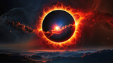 Fototapeta Uliczki - Digital art of a dramatic solar eclipse with vibrant colors above a serene mountain landscape. A fire hurricane ravages the cloudscape in the sky. AI-Generated
