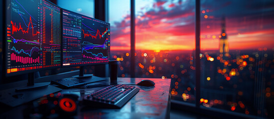 stock trader screen, Financial charts and graphs technology have wave data, a trader's desk, Crypto trade, screen computer charts background banner cover ultrawide