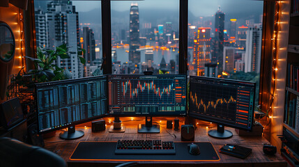 stock trader screen, Financial charts and graphs technology have wave data, a trader's desk night city, Crypto trade, screen computer charts background banner 