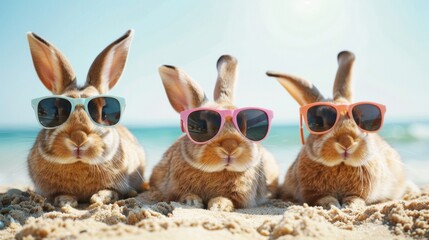 two cute Easter bunnies on vacation by beach coast