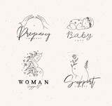 Fototapeta Dinusie - Pregnancy labels female torso, silhouette of a pregnant woman, sleeping child with lettering drawing in floral hand-drawing style with black on beige background