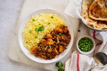 Wall Mural - Homemade Beef keema | Alu matar kheema with rice and roti