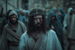 © Paulina - martyred Jesus Christ wearing a crown of thorns on the way to the cross among the crowd at Easter, generative AI
