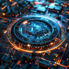 Wall Mural - A closeup view of a next-generation digital currency device, resembling a coin with a unique touchscreen interface and visible encrypted data streams, surrounded by faintly glowing cybernetic circuits