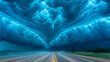 A dramatic scene with a car driving on a road under an immense, swirling blue storm cloud