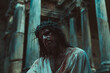 tortured sad Jesus Christ wearing a crown of thorns against the background of the Roman building of Pontius Pilate on the way to the cross for Easter, generative AI