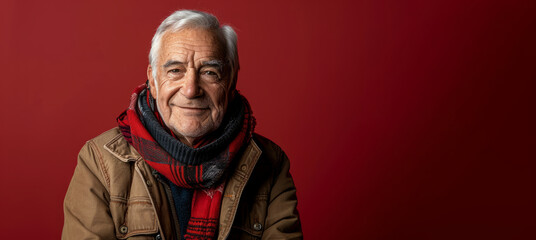 Wall Mural - A man with a red scarf and a brown jacket is smiling. Portrait studio shot of an attractive, healthy senior man smiling relaxedly isolated on red background