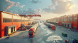 A panoramic shot of a distribution center's loading docks, with trucks, trains, and drones seamlessly exchanging goods for distribution. 8K -