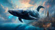 Surreal image giant whale glides through clouds above a sleeping city, blurring reality and dreams