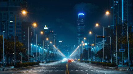 Poster - A panoramic view of a city at night, with streets lined by smart lampposts emitting energy-efficient LED lighting and sensors, contributing to a safer and more sustainable urban environment. 8K -