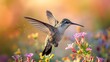 A hummingbird is flying over a flower. The flower is orange and the bird is green. Concept of freedom and beauty in nature