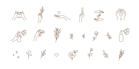 Wall Mural - Set of vector illustrations of human hands holding flower, heart shape, blossom floral plant, leaf. Beauty nature, self skin care, love. Design template, natural eco cosmetics logo. Icon in line style