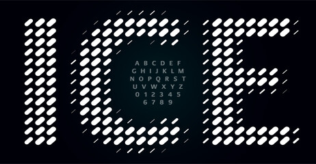 Leinwandbilder - Dynamic Dotted Alphabet, Rain Hail Inspired Font with Perforated Oval Patterns. Unconventional Decorative Typeface for App Logos, Tech Interfaces. Futuristic Digital Typography. Vector Typeset