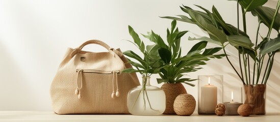 Wall Mural - Arrangement of wicker bag, green foliage, reed diffuser, and lit candles on tabletop by white wall